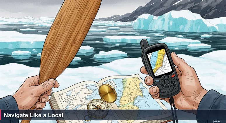 Hands holding a traditional notched paddle and a GPS device in Arctic waters, symbolizing the blend of Greenlandic wisdom and AI technology for career navigation
