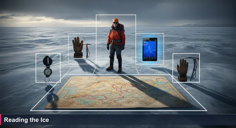 An Arctic guide standing on an ice sheet, holding a traditional map and a modern GPS tablet, symbolizing the blend of local knowledge and AI technology in Greenland's startup scene.