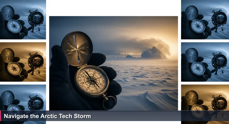 A gloved hand holds a vintage brass compass, needle trembling towards city lights in an Arctic snowstorm, symbolizing navigation in Greenland's tech careers.