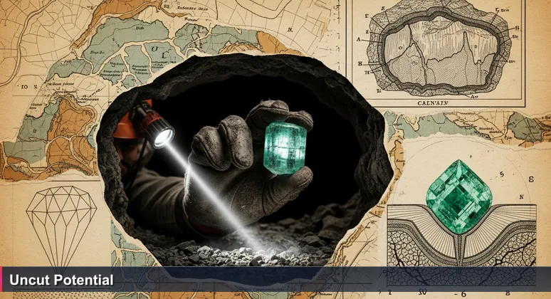A miner's rugged glove holding a raw, uncut emerald with a glowing facet, symbolizing Greenland's untapped tech potential in an Arctic setting.