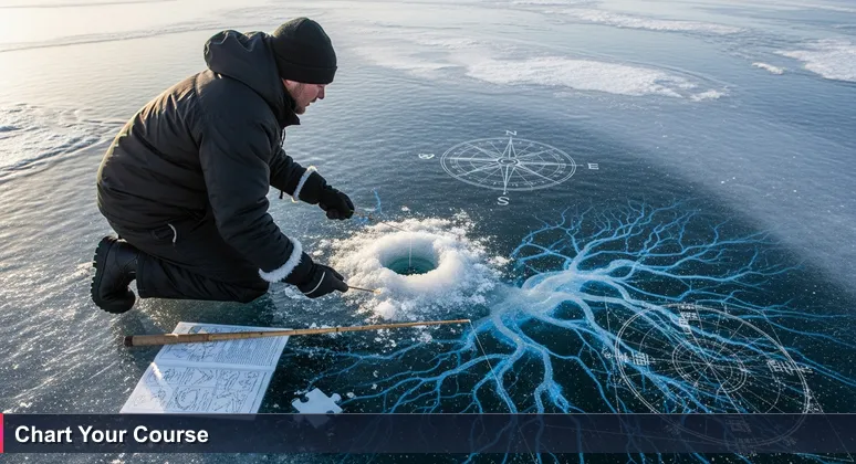 A Greenlandic ice fisherman on frozen Nuuk Fjord, focused on a fishing hole, symbolizing the search for hidden funding opportunities for tech education.