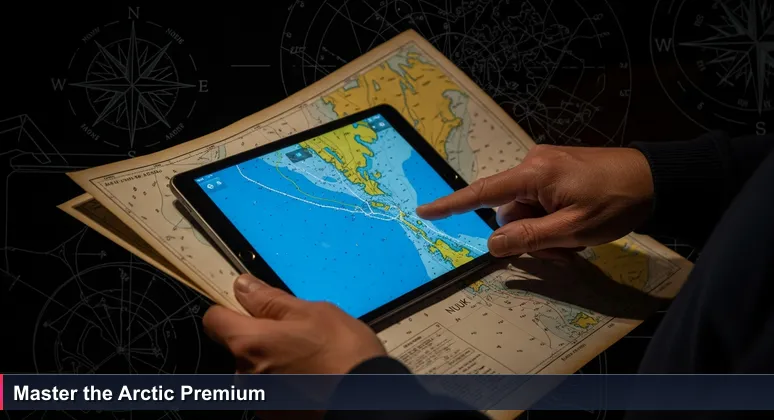 Arctic captain's hands holding a traditional nautical chart of Nuuk fjords with a glowing GPS tablet, pointing to an unmarked passage, symbolizing local knowledge in AI compensation.