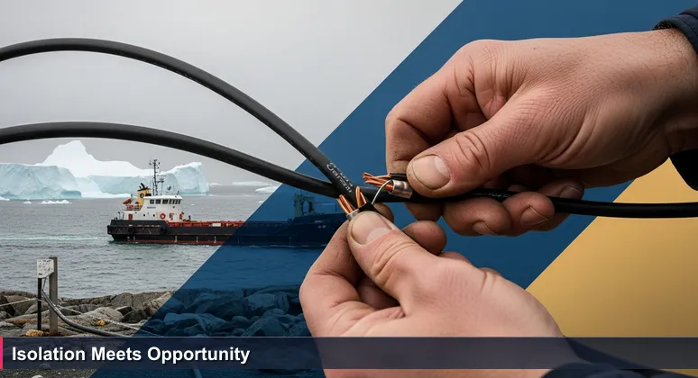 Close-up of weathered hands connecting cables on a dock in Nuuk, with icebergs in the background, symbolizing AI networking in Greenland.