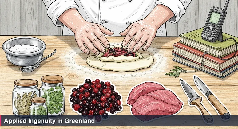 A chef's hands in a Greenlandic kitchen adapting a recipe with local crowberries and seal meat, symbolizing AI innovation in the Arctic.