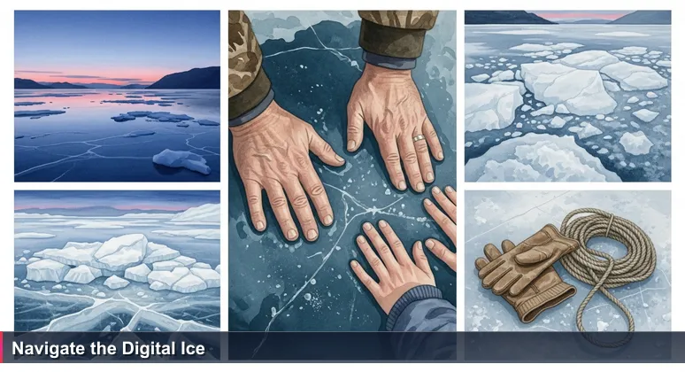 A mentor's hands guide an apprentice's hands on ice at twilight in Nuuk, symbolizing tech career pathways in Greenland.