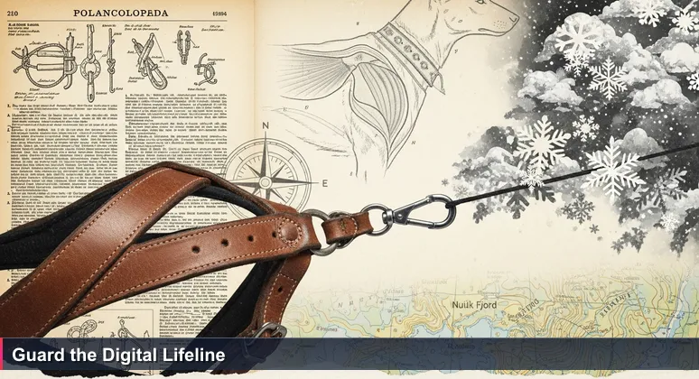 Close-up of a sled dog's harness with a carabiner clip in Nuuk Fjord, symbolizing critical cybersecurity roles protecting Greenland's digital lifelines.