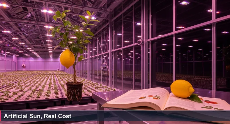 A climate-controlled greenhouse in Nuuk, Greenland, with a lemon tree under LED lights, against the dark Arctic winter night.