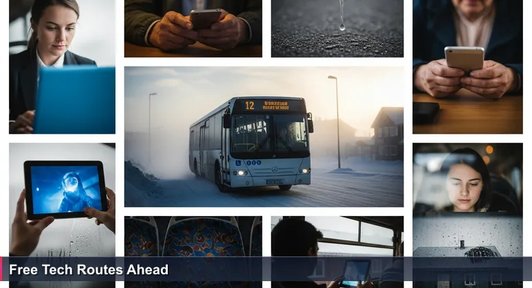 A public bus in Nuuk with passengers using digital devices, symbolizing free tech training access in Greenland's libraries and community hubs.