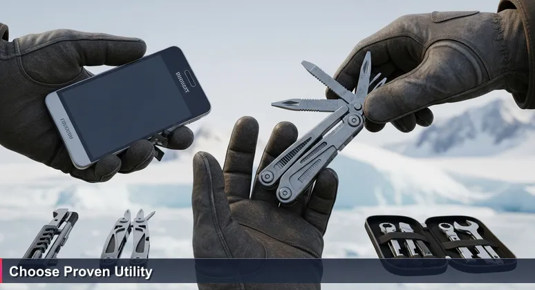 Close-up of hands in worn gloves choosing a reliable multi-tool over a dead gadget, with Arctic landscape in background.