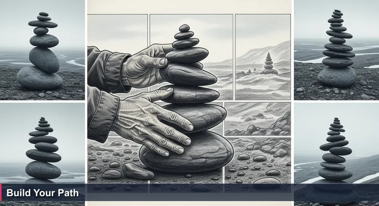 Weathered hands stacking dark stones into a cairn on a windswept Arctic trail, symbolizing tech hubs guiding Greenland's growing tech community.