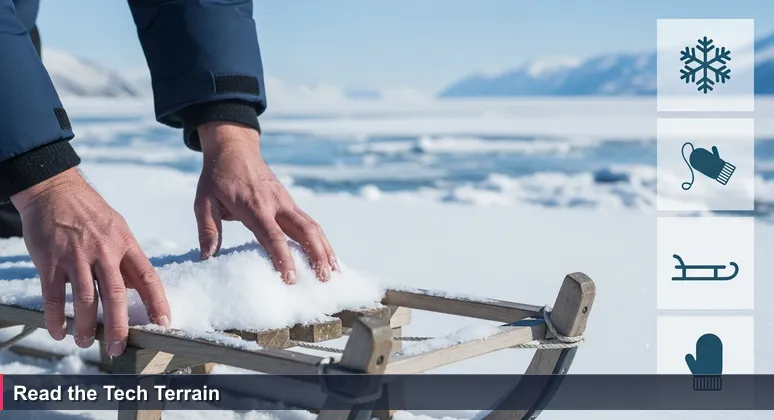 Close-up of a hunter's hands testing snow on a sled in Greenland's fjord, symbolizing intuitive navigation for tech careers without degrees.