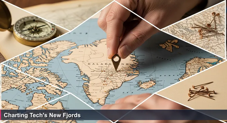 A cartographer's hands placing a pin on a hand-drawn map of Greenland, with a compass and pins nearby, symbolizing the exploration of tech startup careers.