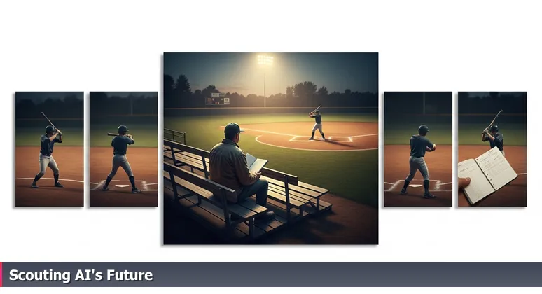 A baseball scout sitting in weathered bleachers at a dusk-lit high school field, intently watching a teenager's practice swing, symbolizing the discernment needed to identify promising AI startups in Durham.