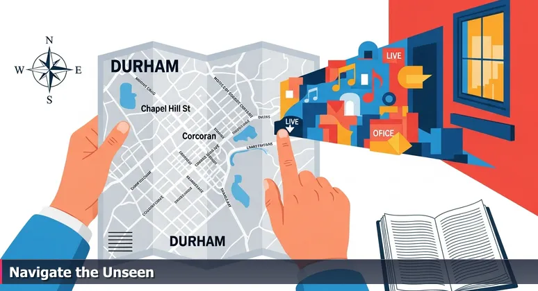 A close-up of hands holding a map of Durham, NC, with an unmarked alley glowing, symbolizing hidden AI career opportunities in the Research Triangle.