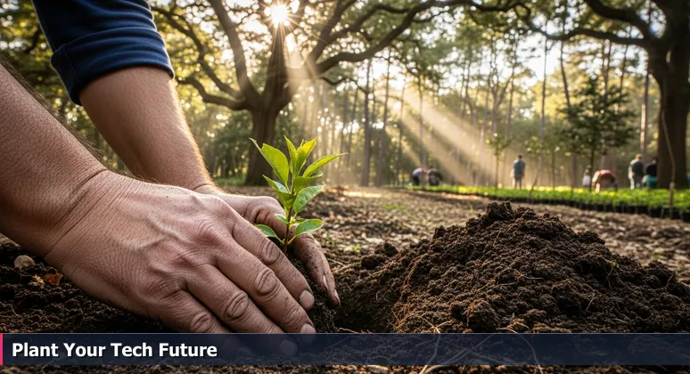 Gardener's hands planting a sapling in a sun-drenched arboretum, symbolizing nurtured tech careers in Durham's cultivated ecosystem.