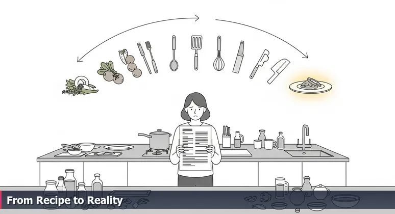 A frustrated person in a kitchen holding a recipe, with untouched ingredients on the counter, symbolizing the challenge of transitioning from AI learning to building in Durham.