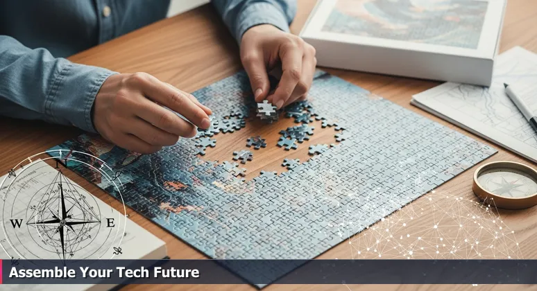 Close-up of hands assembling a jigsaw puzzle on a wooden table, representing the assembly of funding options for tech training in Durham, NC