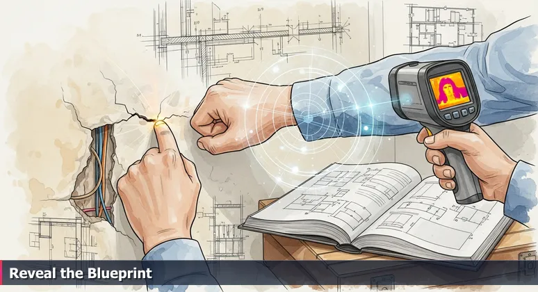 A home inspector's hand tapping a wall with a thermal camera revealing hidden infrastructure, symbolizing the deep analysis of AI salary offers in Durham.