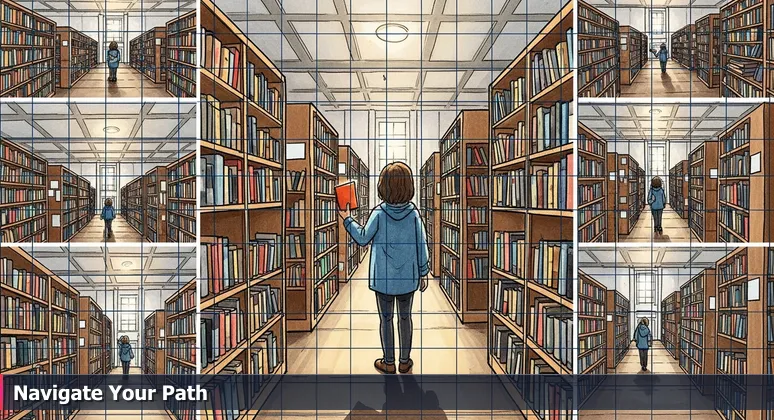 A person in a sunlit library aisle, hand hovering between two books labeled 'Career Paths', symbolizing the choice of tech roles in Durham, NC.