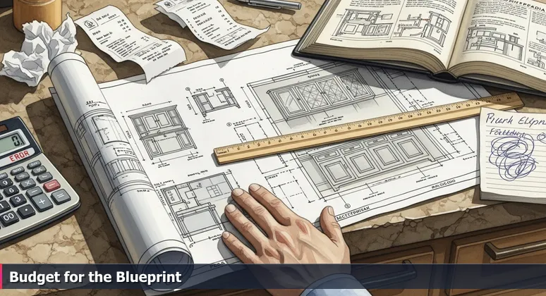 Close-up of a hand holding a home renovation blueprint on a worn countertop with scattered receipts and a calculator showing 'OVER', symbolizing hidden costs in Durham's living expenses.