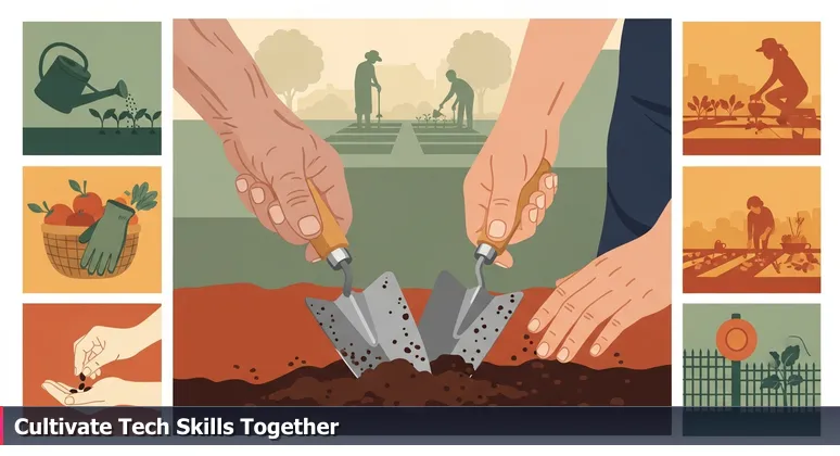 Two hands, one older and one younger, sharing a trowel in a community garden, symbolizing collaborative learning in free tech training.