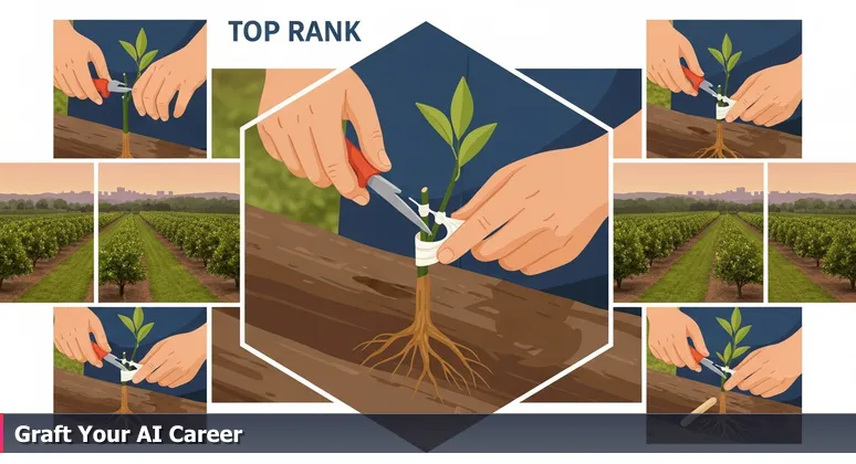 Close-up of skilled hands grafting a citrus scion onto rootstock in a North Carolina orchard, symbolizing AI talent integration in Durham's industries, with Research Triangle Park in the background.