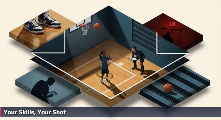 A teenager shooting a basketball in an empty gym at dusk, with a scout watching from the bleachers, symbolizing skill-based tech hiring opportunities in Durham, NC.