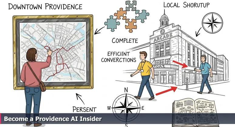 A tourist puzzled at a Providence city map while a local with a tech lanyard takes a shortcut through the Arcade, representing hidden AI career opportunities.