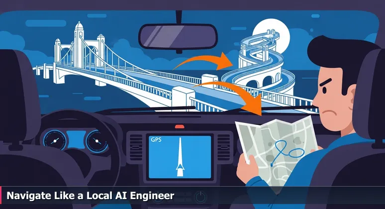 A frustrated driver at night in Providence, staring at a GPS screen with an oversimplified route, while the complex spiral of the Downtown River Pedestrian Bridge is visible through the windshield.