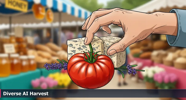 A hand at a vibrant Providence farmer's market holding a heirloom tomato, blue cheese, and lavender sprig, symbolizing diverse AI startups.