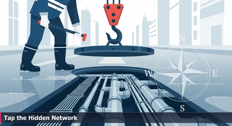 A worker in reflective gear opens a manhole cover on a wet Providence street, revealing the complex network of pipes and conduits beneath, symbolizing hidden funding opportunities for tech training.