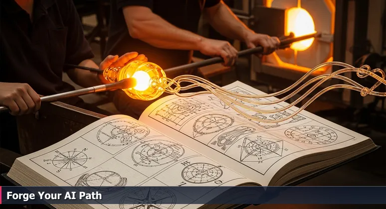 A student's hands hover near glowing molten glass on a blowpipe in a RISD hot shop, with a master glassblower guiding it in the background, symbolizing collaborative AI networking.
