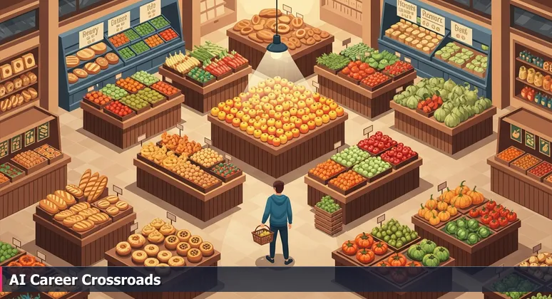 A person stands overwhelmed at a vibrant Providence farmers market, with stalls symbolizing AI career paths in healthcare, finance, toys, and aerospace industries.