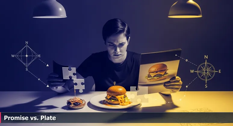 A person comparing a glossy menu photo of a perfect burger to a messier real burger on a plate, symbolizing the gap between marketed affordability and real costs for tech workers in Providence.