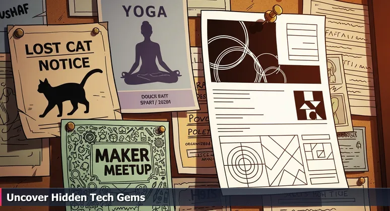 Close-up of a crowded community bulletin board in Providence with flyers for tech training programs like Free Python Basics at PPL.