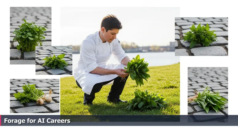 A chef on the Providence Riverwalk examining foraged greens, symbolizing the discovery of AI career opportunities in local industries beyond big tech.