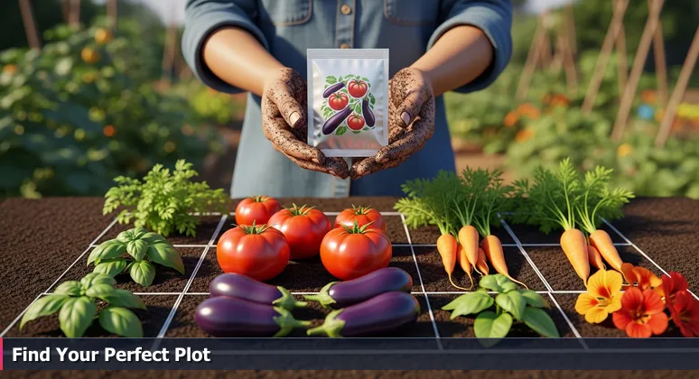 Gardener's hands holding a seed packet labeled 'Top 10 Vegetables' with a vibrant Providence community garden in the background, symbolizing ecosystem-based coworking choices.