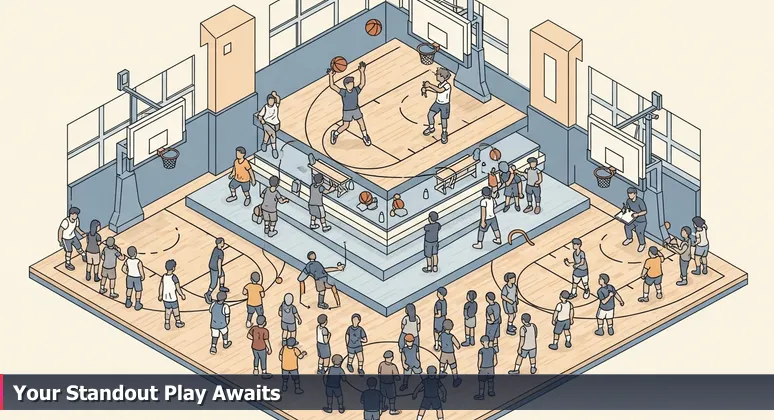 A crowded high school basketball tryout scene, with players running drills and one making a no-look pass as a coach watches closely.