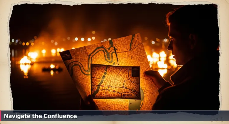 A person at WaterFire Providence holds three maps under firelight, symbolizing navigation through women in tech resources for career growth.