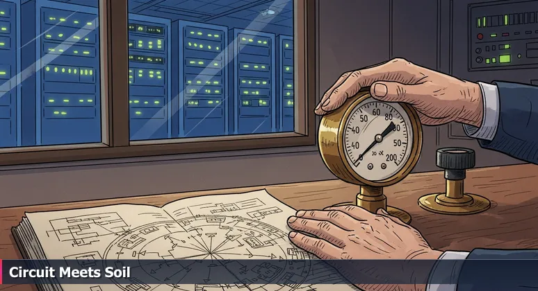 A Modesto winery control room showing traditional gauges and modern server racks, symbolizing AI integration in Central Valley agriculture