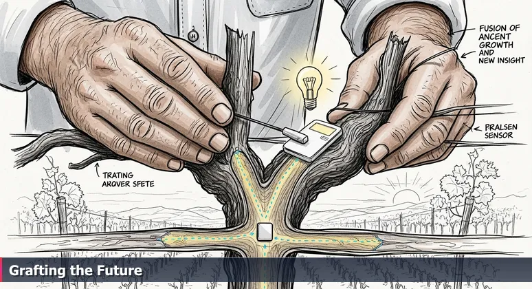 Weathered farmer's hands attaching a high-tech sensor to an old grapevine in a sun-drenched Modesto vineyard, symbolizing the fusion of agriculture and technology.