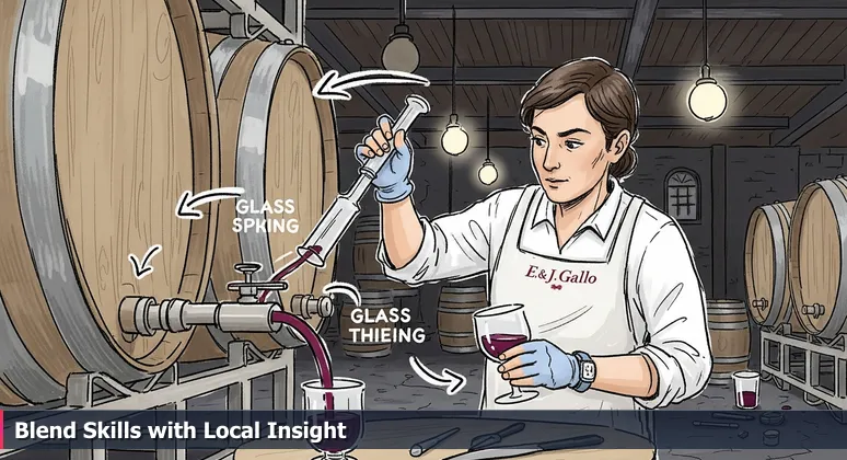 A winemaker at E. & J. Gallo Winery in Modesto, CA, analyzing wine with a glass thief, symbolizing the analytical skill and local focus needed for AI engineering.