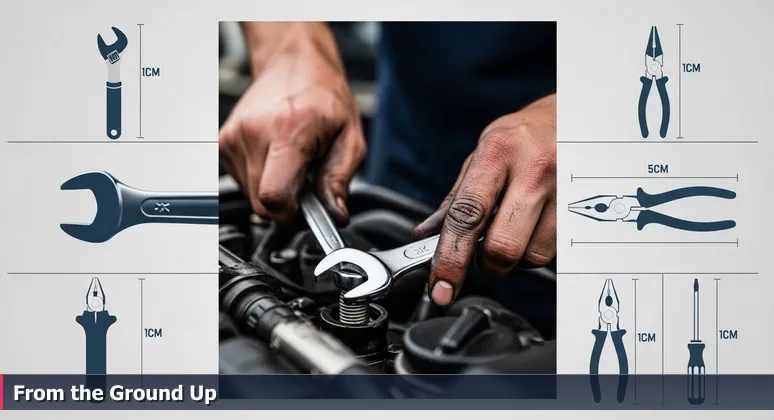 Close-up of a mechanic's greasy hands tightening a bolt inside a car engine, with a shiny accessory blurred in the background, symbolizing practical AI work in Modesto.