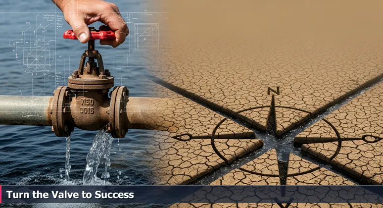 A hand turning a valve to release water into a parched field, representing unlocking funding for tech education in Modesto.