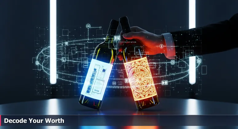 Close-up of two wine bottles on a wooden table in a sunlit Modesto vineyard, symbolizing the contrast between different AI salary offers and hidden regional value.