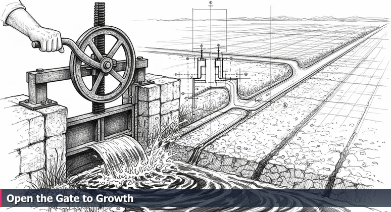 A farmer's hand opening an irrigation sluice gate, water flowing onto dry cracked earth, symbolizing AI networking opportunities in Modesto, CA.