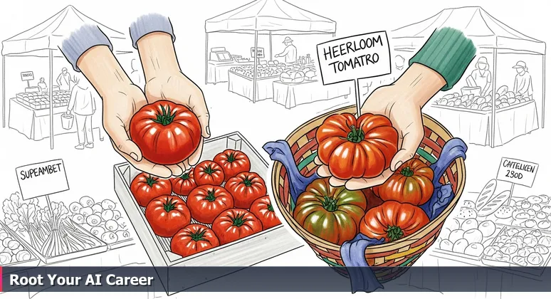 Close-up of two hands at a Modesto farmers market, one holding a uniform supermarket tomato and the other an heirloom tomato, symbolizing AI career choices.