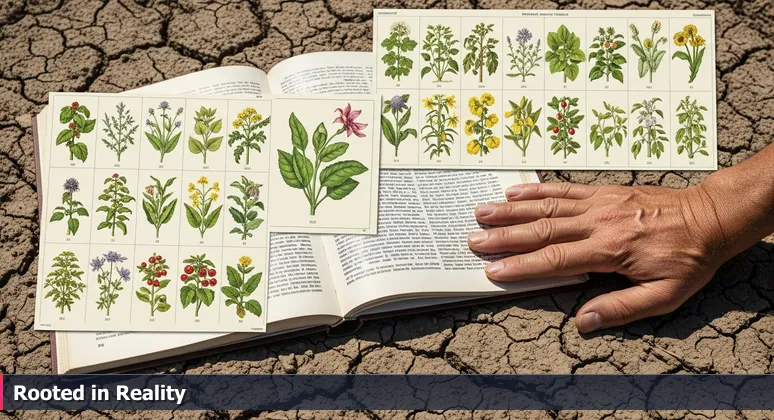 A worn hand rests on dry Central Valley soil beside a generic crop guidebook, symbolizing the choice between local tech opportunities and generic advice.