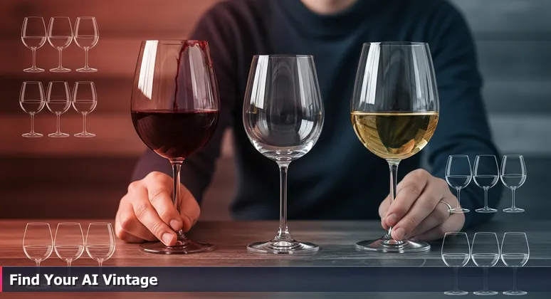 Two wine glasses held on a rustic wooden bar, one with red wine and one with white, with an empty glass in between, symbolizing the choice of AI bootcamps for Modesto careers.
