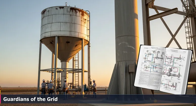 A silver water tower in Modesto with a maintenance crew at its base, symbolizing cybersecurity as essential protection for local infrastructure like utilities and agriculture.